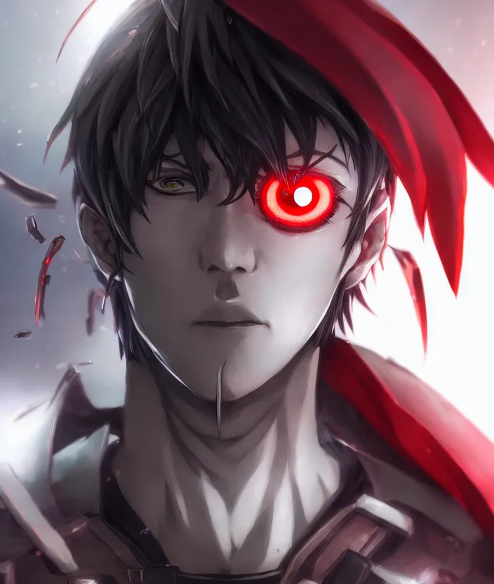 Image similar to ( a detailed manga character portrait of a dark haired silver cyborg anime man with a red mechanical eye wearing a tattered brown cape ), trending on artstation, digital art, 4 k resolution, detailed, octane render, high quality, sharp focus, hq artwork, insane detail, concept art, character concept, character illustration, full body illustration, cinematic, dramatic lighting