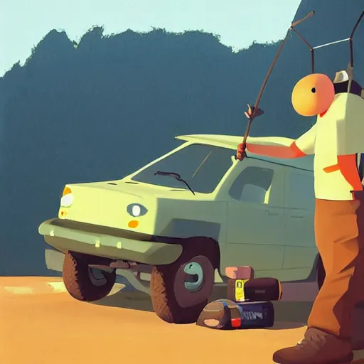 Image similar to hiker unloading the car before camping, style by goro fujita