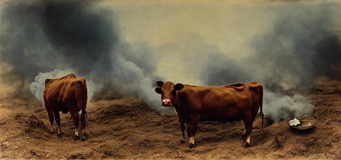 Prompt: smoke,!!! colored photography, tilt shift wwi a cow over a dug out trench wwi, dramatic light, zdzidaw, ultrafine, hyperrealistic, 3 2 k, 3 5 mm film still, movie