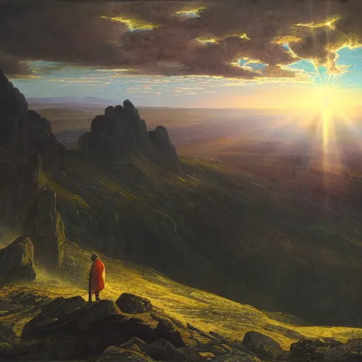 Prompt: a wanderer looking down from the peak of a mountain, distant valley, sunset, sunrays, dramatic light, high detail, masterpiece, painted by caspar david friedrich, trending on artstation