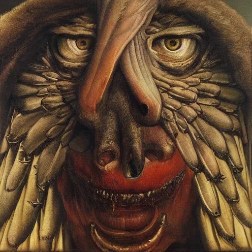 Image similar to a demonic eagle-eyed devil Jan Van eyck lucian freud odd nerdrum dragan bibin john steuart curry