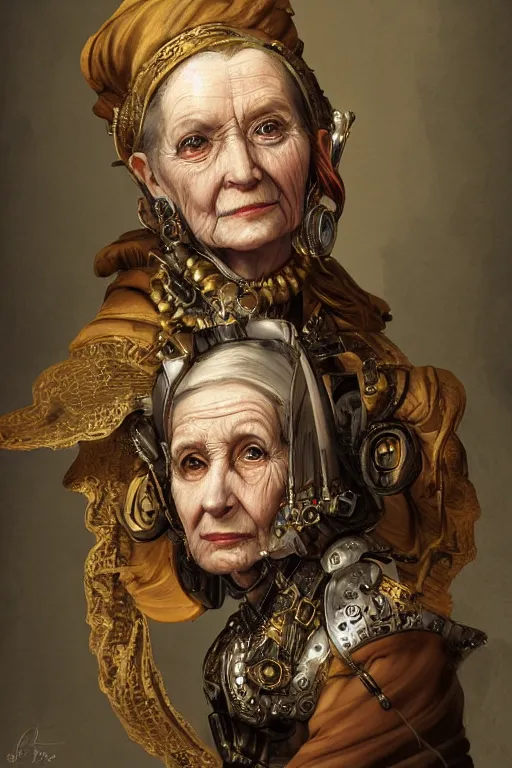 Image similar to portrait, headshot, digital painting, of a old 17th century, old lady cyborg merchant, amber jewels, implants, baroque, ornate clothing, scifi, futuristic, realistic, hyperdetailed, chiaroscuro, concept art, art by waterhouse and witkacy