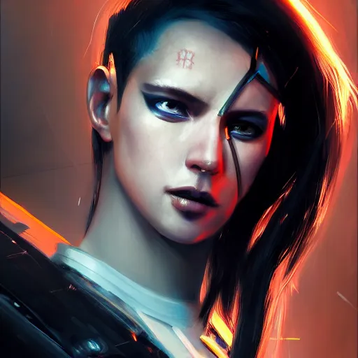 Prompt: portrait of a young female cyberpunk assassin, implanted eyelenses, black hair, dramatic light, city background, sunset, high contrast, sharp, painted by stanley lau, painted by greg rutkowski, painted by stanley artgerm, digital art, trending on artstation