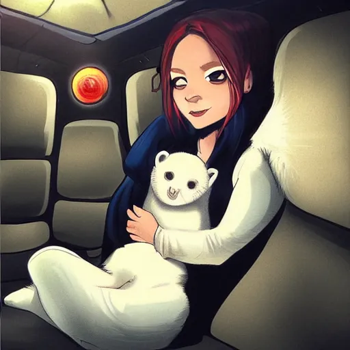 Image similar to portrait of a smug baby harp seal riding in the back of a limo, medium shot, highly coherent, saga comic, fiona staples