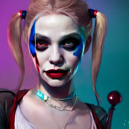 Image similar to highly detailed portrait harley quinn in gta v, stephen bliss, unreal engine, fantasy art by greg rutkowski, loish, rhads, ferdinand knab, makoto shinkai and lois van baarle, ilya kuvshinov, rossdraws, tom bagshaw, global illumination, radiant light, detailed and intricate environment