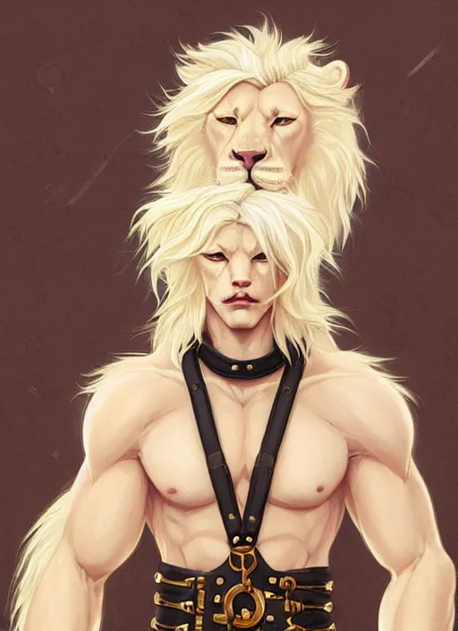 Image similar to aesthetic portrait commission of a of a male fully furry muscular anthro albino lion wearing attractive gay leather harness with a tail and a beautiful attractive hyperdetailed face at golden hour, safe for work (SFW). Character design by charlie bowater, ross tran, artgerm, and makoto shinkai, detailed, inked, western comic book art, 2021 award winning film poster painting