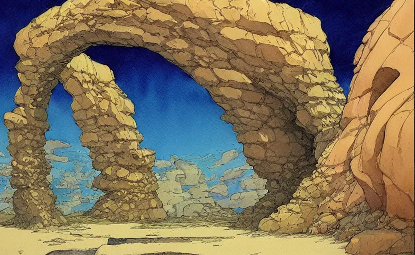 Image similar to a hyperrealist watercolour concept art of a dimensional time portal in the shape of a large rock arch. by rebecca guay, michael kaluta, charles vess and jean moebius giraud. high detail, hq, wide shot