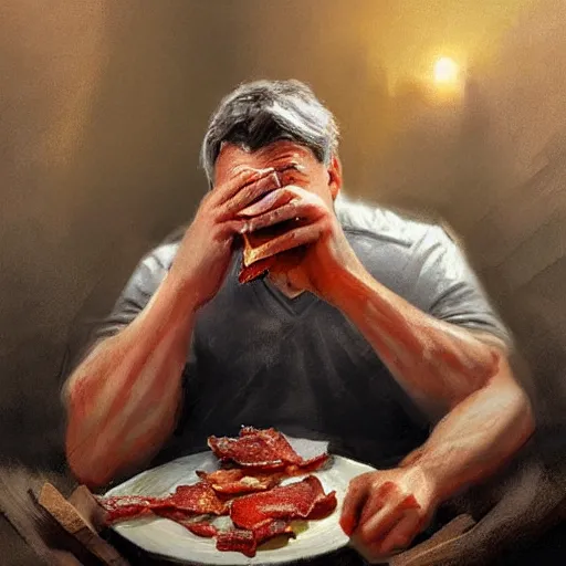 Image similar to viktor orban with detailed eyes, sitting on a large pile of bacon by greg rutkowski