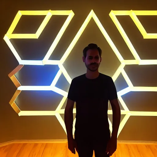 Image similar to a daytrader named jay standing proudly in front of triangular nanoleaf led lights on his wall