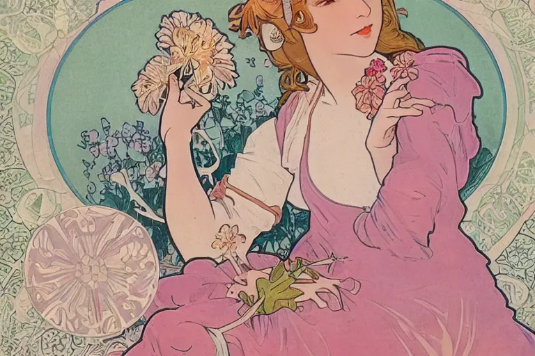 Image similar to a pretty girl with a robotic arm holding a flower, graphic novel, miniature faking, alphonse mucha, baby pink color, ceramic, dof