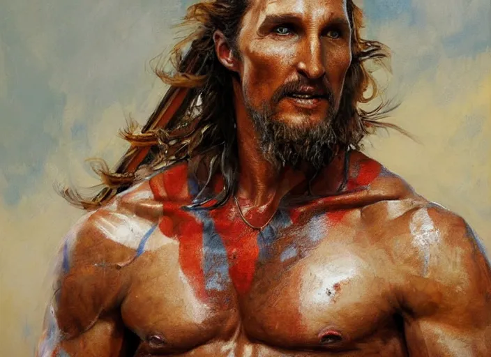 Image similar to a highly detailed beautiful portrait of matthew mcconaughey as kratos, by gregory manchess, james gurney, james jean