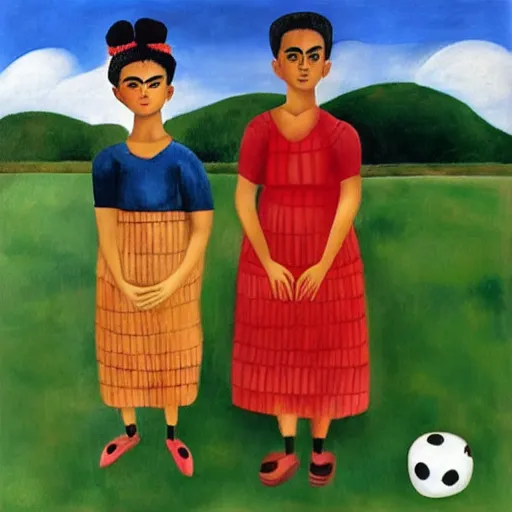 Image similar to boys playing soccer, hot day, parents watching, in style of frida kahlo painting