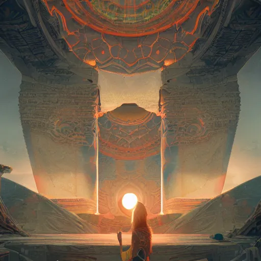 Image similar to ancient solar temple , stylish, lsd, trending on artstation, cinematic, artwork by WLOP