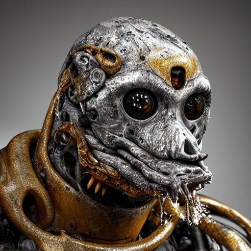 Image similar to photo taken of an epic intricate, ultra detailed, super realistic gritty, wet, lifelike sculpture of a ghoulish cyborg penguin created by weta workshop, zoomed in shots, sublime subsurface scattering, photorealistic, sharp focus, white wall coloured workshop, desaturated, cold colour temperture, f 0. 4, face centred, golden ratio, golden hour