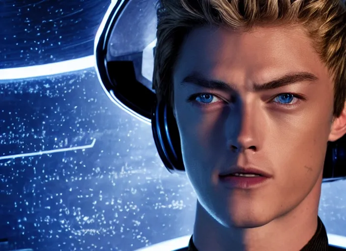 Prompt: Lucky Blue Smith plays as captain in Star Trek Discovery, engine room and warp core in the background, 35mm photography, highly detailed, cinematic lighting, 4k