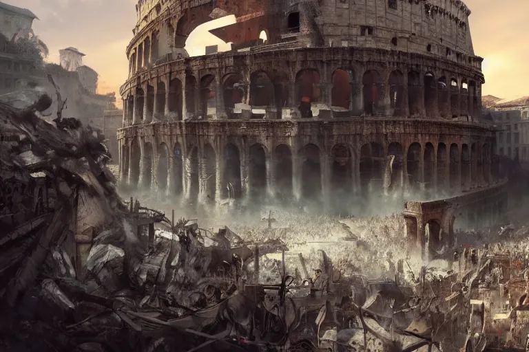 Prompt: the fall of Rome, Artstation, cgsociety, dramatic, stunning. Amazing artwork