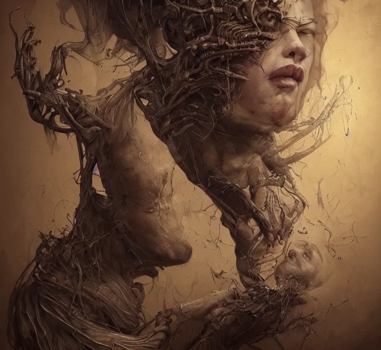 Image similar to dream portrait of a sleep paralysis demon standing over a person sleeping in bed in a dark ancient attic room,full character, melting ,8k,by tristan eaton,Stanley Artgermm,Tom Bagshaw,Greg Rutkowski,Carne Griffiths, Ayami Kojima, Beksinski, Giger,trending on DeviantArt,face enhance,hyper detailed,minimalist,cybernetic, android, blade runner,full of colour