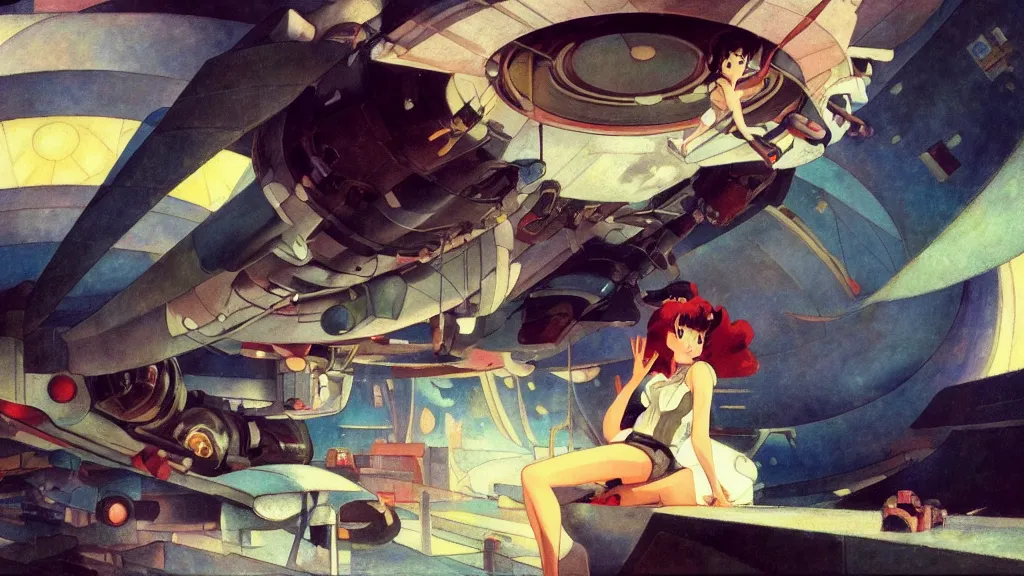 Image similar to a film still of a 1 9 5 0's mechanic anime girl sitting on top of flying ufo landing in hangar of giant ufo spaceship, kandinsky, trending on pixiv fanbox, painted by gaston bussiere, makoto shinkai, akihiko yoshida, gaston bussiere, craig mullins