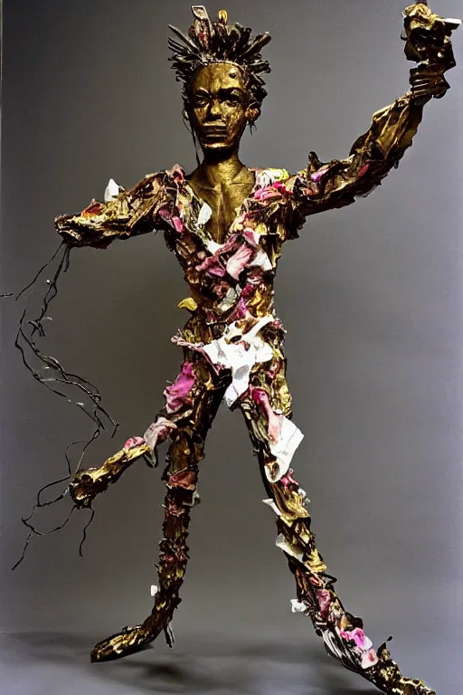 Prompt: a papercraft scene made entirely of pipecleaners and crumpled foil of Jean-Michel Basquiat as a full-body bronze baroque statue of Icarus in the posing like a bird for flight, crown of peach roses, flowing pink-colored silk, fabric, flowers. baroque elements, human skull. full-length view. baroque element. intricate artwork by caravaggio. many many birds birds on background. Trending on artstation, octane render, cinematic lighting from the right, hyper realism, octane render, 8k, depth of field, 3D