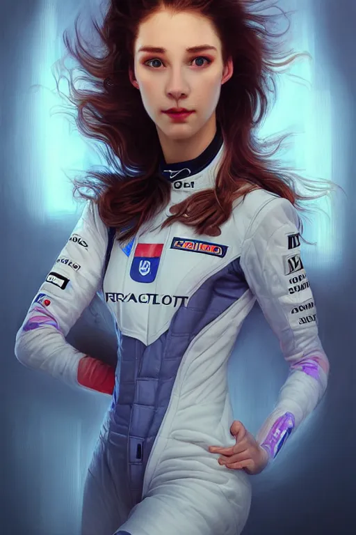 Image similar to portrait beautiful female f1 racer, wearing f1 racer uniform, at racer track, formula one car, ssci-fi, fantasy, intricate, very very beautiful, elegant, human anatomy, neon light, highly detailed, digital painting, artstation, concept art, soft light, smooth, sharp focus, illustration, art by tian zi and WLOP and alphonse mucha