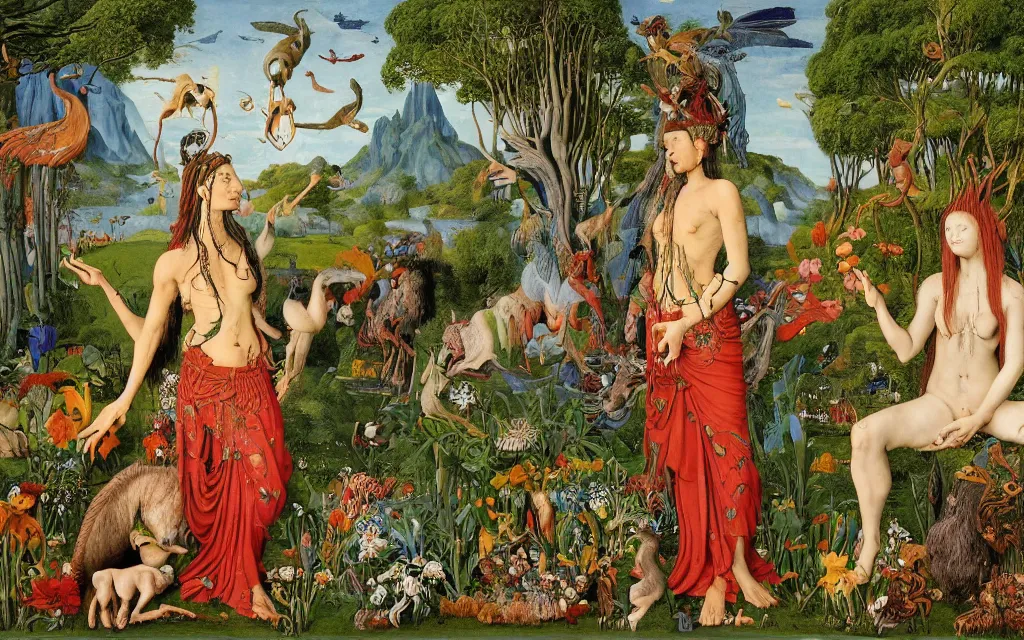 Image similar to a photograph of a meditating centaur shaman and a harpy mermaid feeding animals. surrounded by bulbous flowers, a few trees and wild animals. river delta with mountains and cliffs under a blue sky full of burning stars and birds. painted by jan van eyck, max ernst, ernst haeckel, ernst fuchs and artgerm. trending on artstation