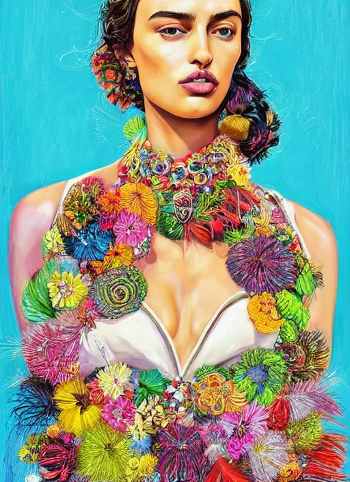 Image similar to beautiful portrait of Irina Shayk wearing fantastic Hand-dyed cotton dress,embellished beaded feather decorative fringe knots ,colorful pigtail,subtropical flowers and plants,symmetrical face,intricate,elegant,highly detailed,8k,digital painting,trending on pinterest,GUCCI,PRADA,harper's bazaar,concept art, sharp focus, illustration,by artgerm,Tom Bagshaw,Lawrence Alma-Tadema,greg rutkowski