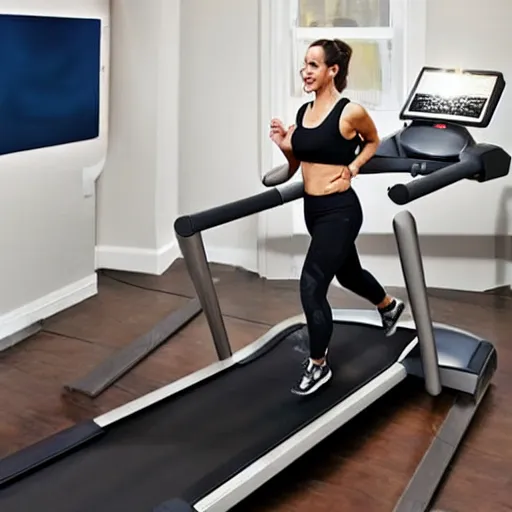 Prompt: A woman walking on a treadmill with her dog walking on a smaller treadmill next to her