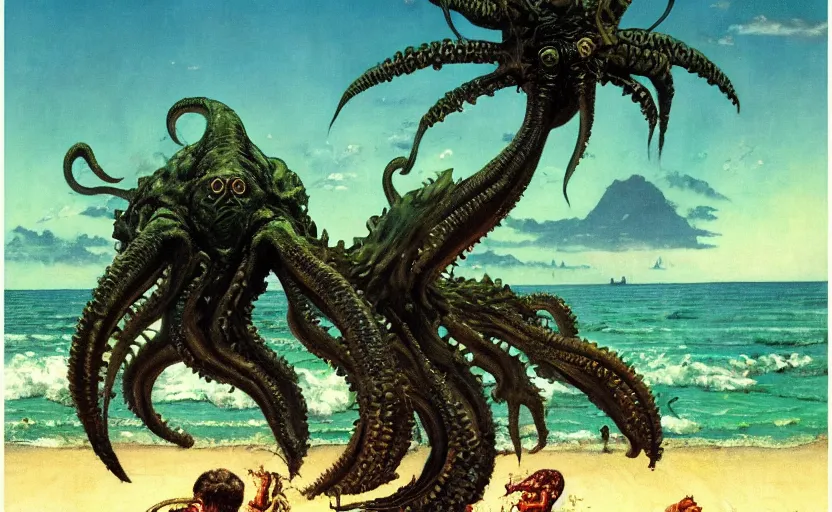Prompt: cthulhu rising from the ocean by a tropical beach with palm trees. lovecraftian horror. highly detailed science fiction painting by norman rockwell, frank frazetta, and syd mead. rich colors, high contrast, gloomy atmosphere, dark background. trending on artstation