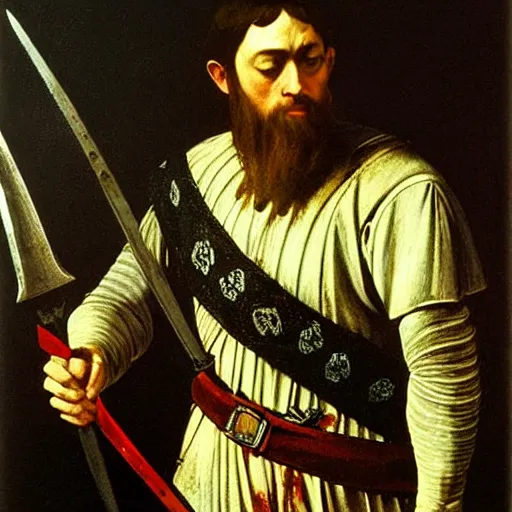 Prompt: Alfred the Great wielding a blood stained sword. Painted by Caravaggio, high detail