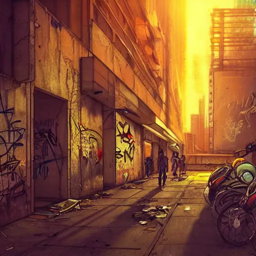 Image similar to graffiti on a wall in a run down building, happy mood, cyberpunk, high detail, golden light, realistic