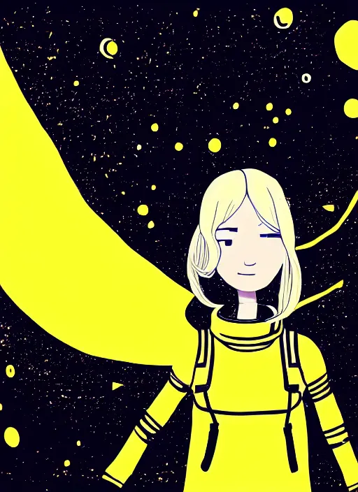 Prompt: highly detailed portrait of a hopeful pretty astronaut lady with a wavy blonde hair, by Jean Jullien , 4k resolution, nier:automata inspired, bravely default inspired, vibrant but dreary but upflifting yellow, black and white color scheme!!! ((Space nebula background))