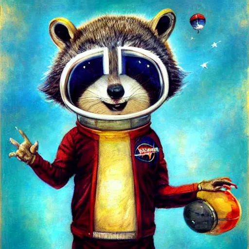 Prompt: astronaut racoon holding a sign that says hello by esao andrews