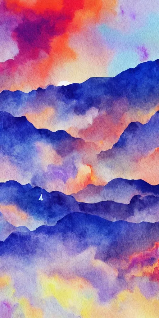 Image similar to high quality digital water color painting of idyllic vivid colorful orange purple red magical storm clouds above a mountain range