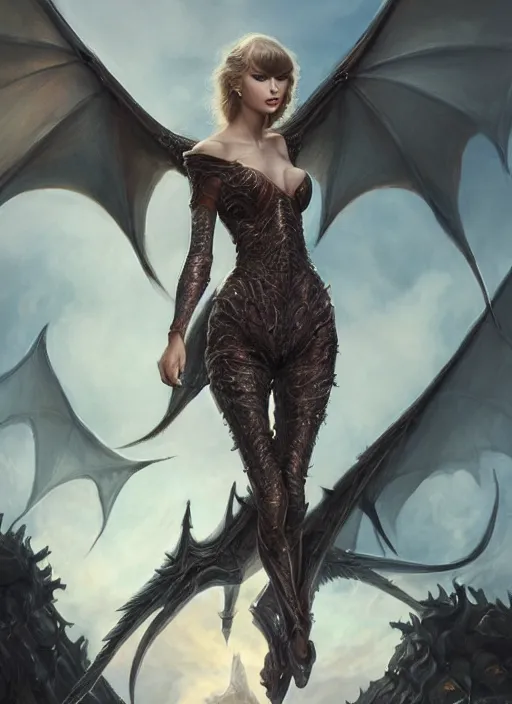 Image similar to Taylor swift demon dragon queen, Ivan Aivakovsky, Boris Vallejo, epic fantasy character art, D&D Concept Art, full length, Realistic, Regal, Refined, Detailed Digital Art, Oil Paining, Exquisite detail, post-processing, masterpiece, Cinematic Lighting, Unreal Engine, 8k, HD, Stanley Artgerm Lau, WLOP, Rossdraws, Frank Frazetta, Andrei Riabovitchev, Marc Simonetti, trending on artstation