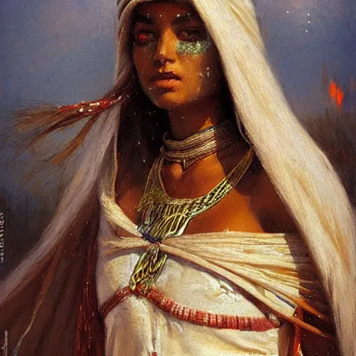 Prompt: tuareg girl in traditional dress, gaston bussiere, tom bagshaw