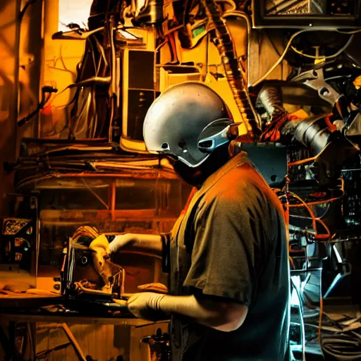 Image similar to technician repairing head of toaster oven mecha, dark messy smoke - filled cluttered workshop, dark, dramatic lighting, orange tint, cinematic, highly detailed, sci - fi, futuristic, movie still