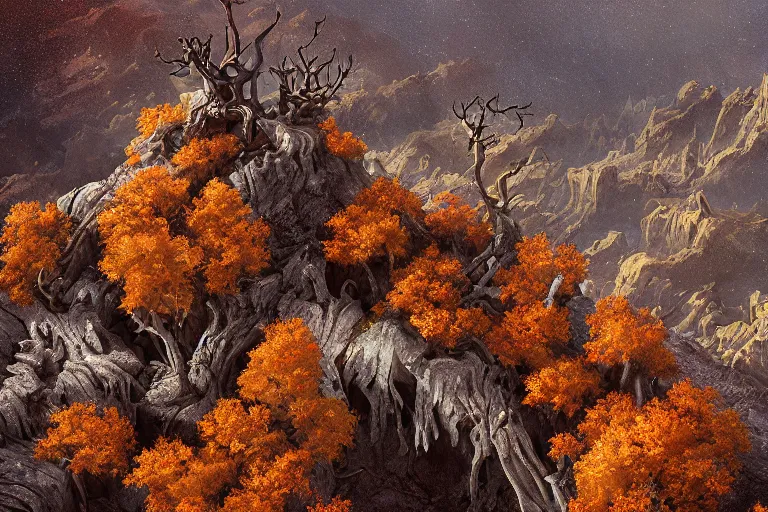 Image similar to high aerial shot, fantasy landscape, sunset lighting ominous shadows, cinematic fantasy painting, dungeons and dragons, barren dry land, desert valley of bones, isolated autumn maple bonsai, by jessica rossier and brian froud and hr giger