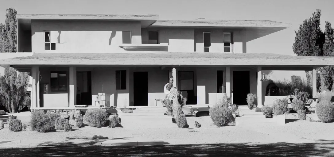 Image similar to single - family craftsman house in desert photographed by stanley kubrick.
