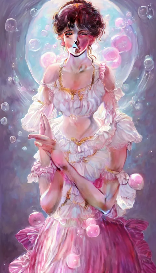 Image similar to portrait of magical lolita girl, dreamy and ethereal, expressive pose, big pink eyes, peaceful expression, ornate frilly dress, fantasy, intricate, elegant, many rainbow bubbles, highly detailed, digital painting, artstation, concept art, smooth, sharp focus, illustration, art by artgerm and greg rutkowski and alphonse mucha