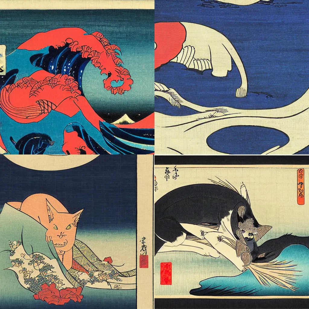 Prompt: ukiyo-e print of 'The Great cat off Kanagawa' by Hiroshige