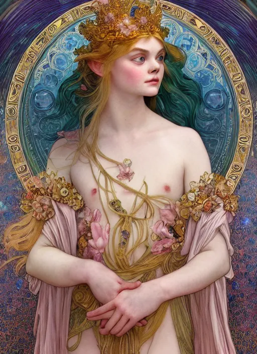 Image similar to Elle Fanning as God of Beauty, cute, fantasy, intricate, elegant, highly detailed, digital painting, 4k, HDR, concept art, smooth, sharp focus, illustration, art by alphonse mucha,artgerm, H R Giger