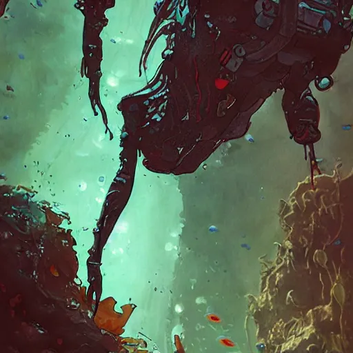 Image similar to woman diving in, an alien aquarium, kelp, coral, solar rays, cyberpunk, realistic, detailed, Industrial Scifi, paint, watercolor, in the style of Ashley Wood and Wadim Kashin