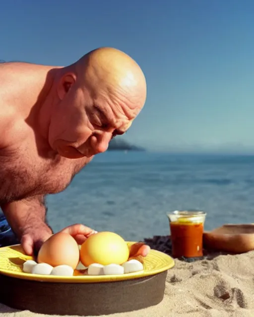 Image similar to film still close - up shot of homer simpson eating eggs on the beach from the tv show rick & morty. photographic, photography