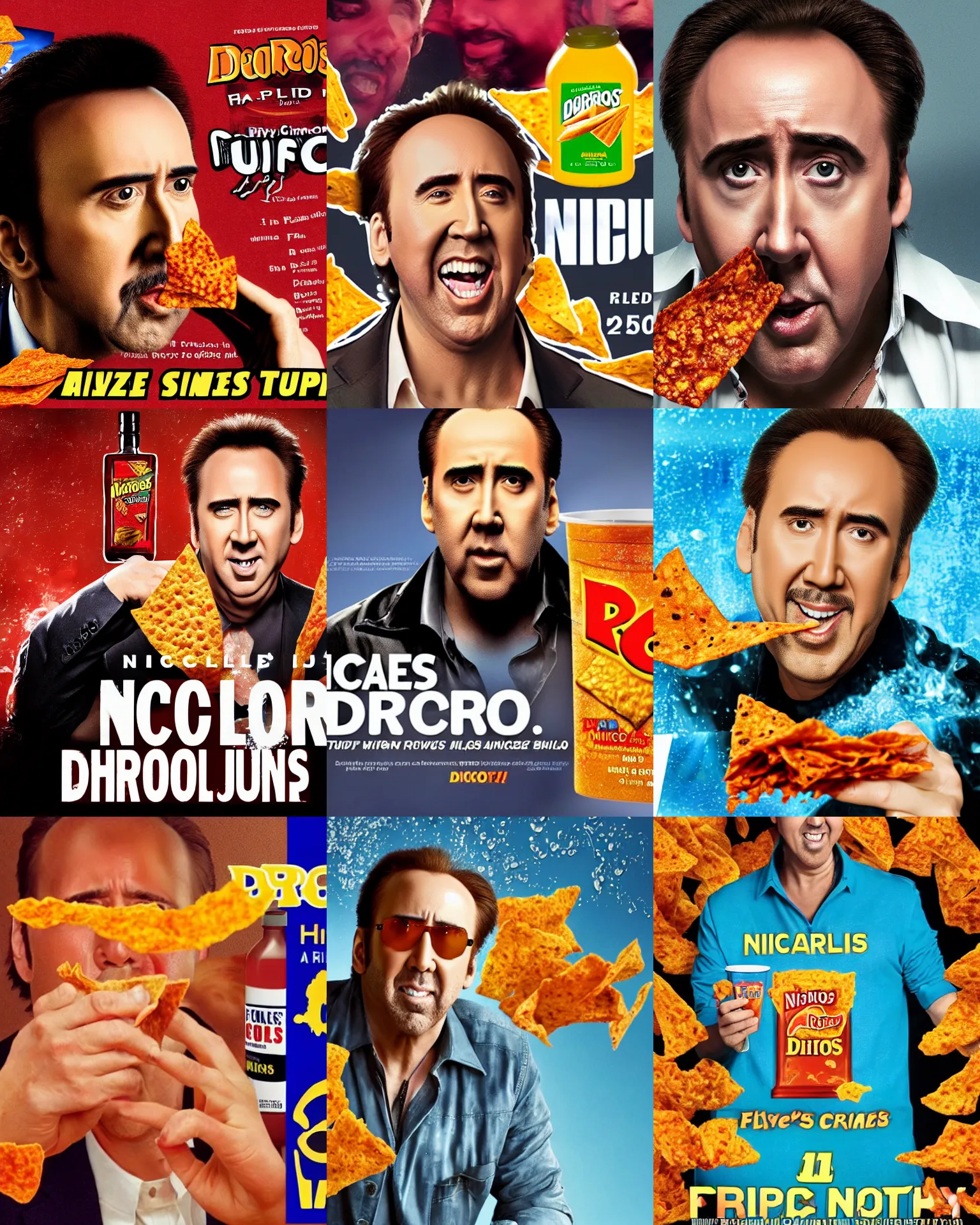 Prompt: nicolas cage happily drinking dorito juice, spilling juice, wet mouth, 2 0 1 2 viral product advertisement hd, commercial banner, english text