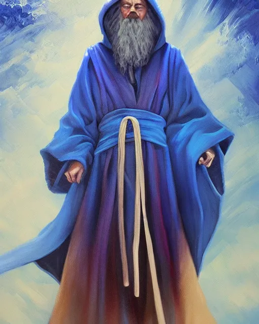 Image similar to Hyper realistic painting of a wizard in a blue robe, by Anato Finnstark, detailed, beautiful, trending on artstation