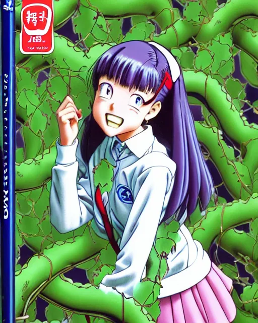 Image similar to a pretty teenage girl as a cute prep highschool student is happy and enveloped by mutant vines in her room. 3D shadowing effect, ultra ornate detail. 8k resolution. masterfully illustrated by Akira Toriyama and Mina Petrovic and Range Murata.