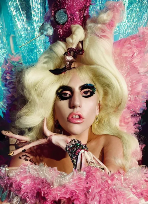 Image similar to lady gaga styled by david lachapelle posing in an expensive mansion setting , vogue magazine, Highly realistic. High resolution. Highly detailed. Dramatic. 8k.4k.