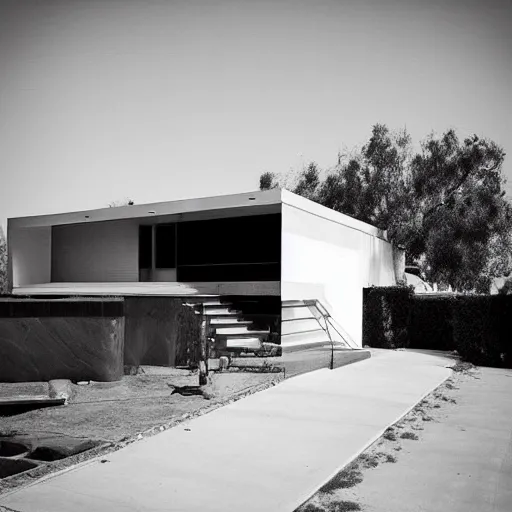 Image similar to “ a perfectly centered beautiful black and white 9 0 mm photo of mid - century retro - futuristic house in los angeles ”