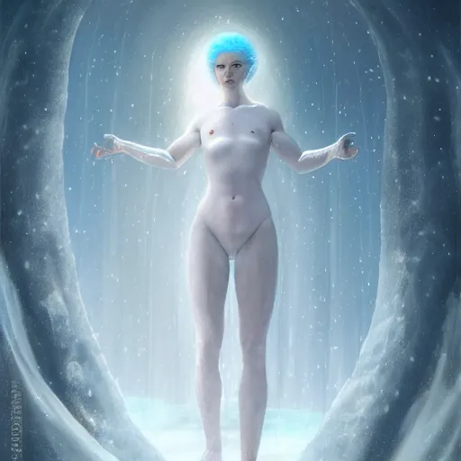 Image similar to a hyperrealistic illustration of a human in the Arctic, white long clothes, snow on the body, blue transparent ice with fractal sunlight, award-winning, masterpiece, in the style of Tom Bagshaw, Cedric Peyravernay, Peter Mohrbacher