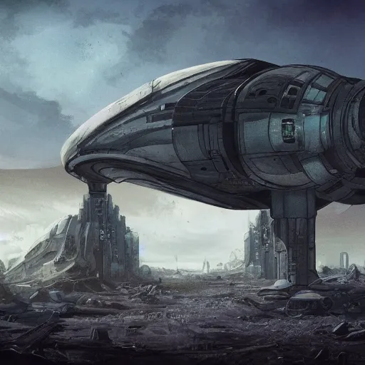Prompt: a sci fi space ship over a post apocalyptic wasteland